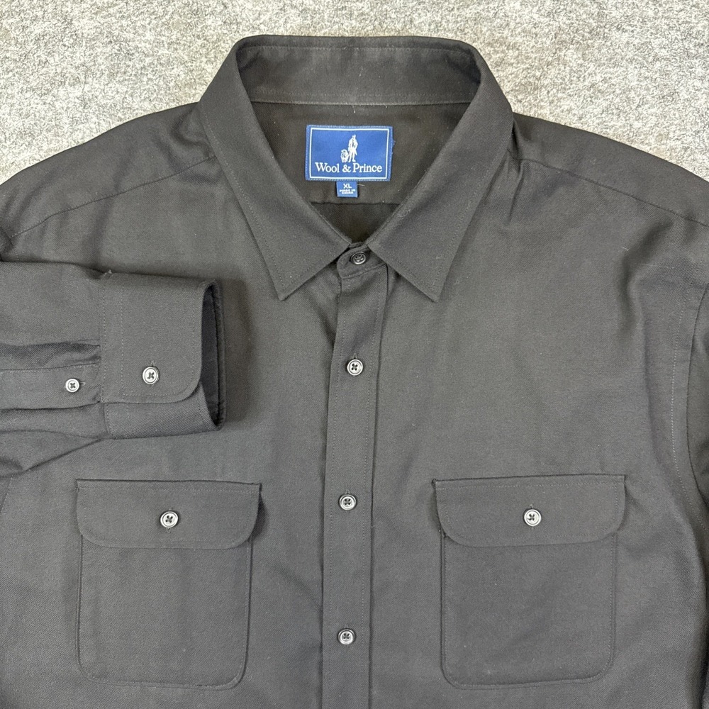 Wool & Prince worsted wool shirt men's XL black long sleeve button up pockets